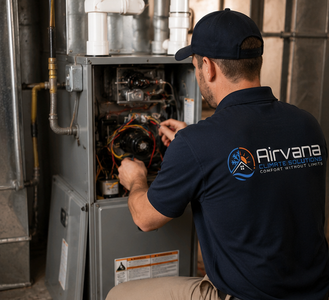 airvana climate tech working on wiring on a furnace