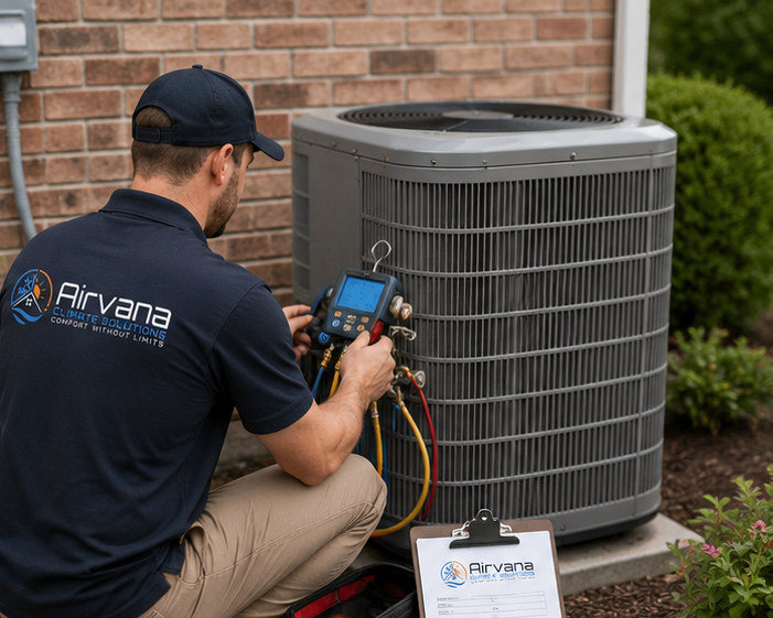 airvana climate tech checking an outdoor ac unit with a meter