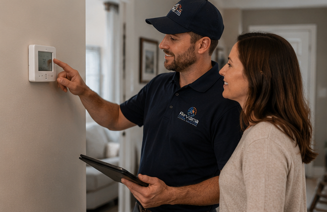 airvana climate tech with customer looking at thermostat